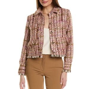 Adrienne Landau ONYX Crystal Tweed Jacket in Pink, Tan Gold Sequins Size M EUC